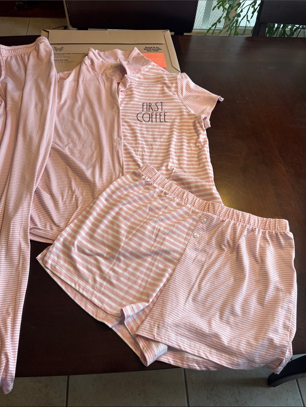 Rae Dunn Pink & White Striped 3-Piece Pajama Set with 'FIRST. COFFEE.' Tee